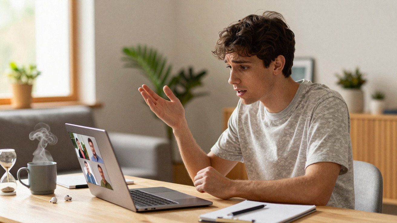 Young man in grey t-shirt gesturing during a video call on laptop at a wooden desk in a bright room.