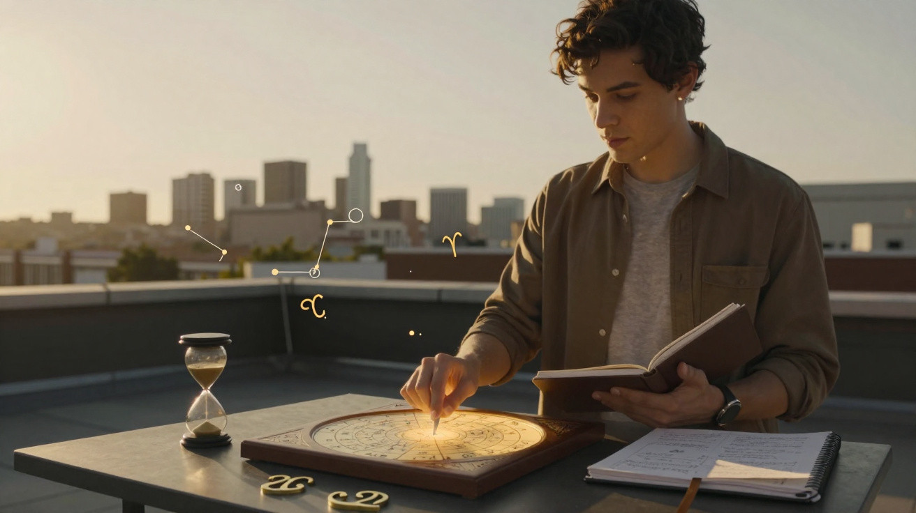 Young man studying astrology chart with hourglass and notebook on rooftop at sunset.