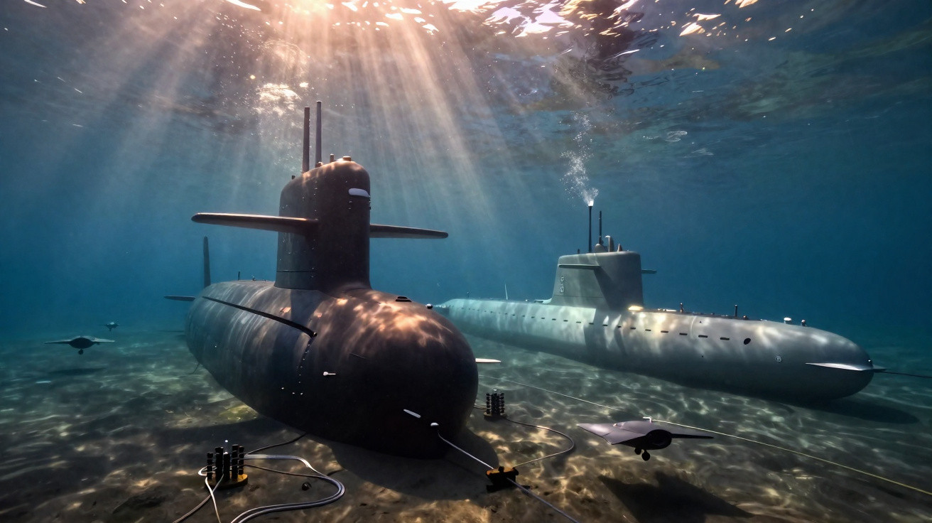 Two submarines resting on the ocean floor with sunlight streaming through the water surface above.