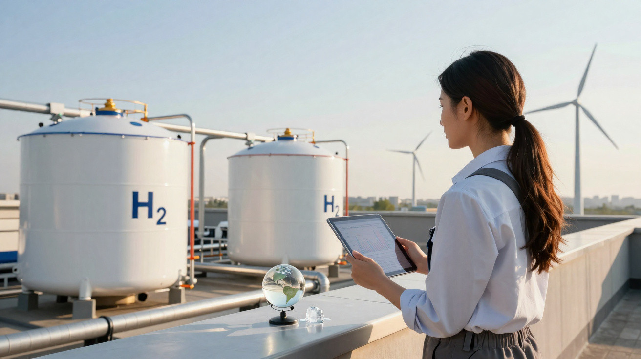 Woman with tablet observing large hydrogen storage tanks and wind turbines on a rooftop at sunset