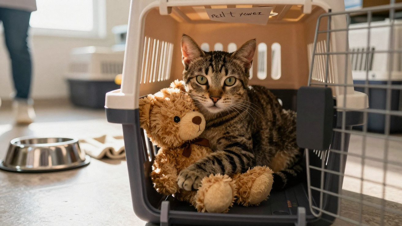 Tabby cat cuddling a teddy bear inside a pet carrier on a tiled floor indoors.