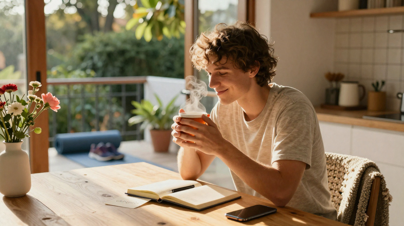 Young man enjoying a hot drink at a wooden kitchen table with an open notebook and phone nearby.