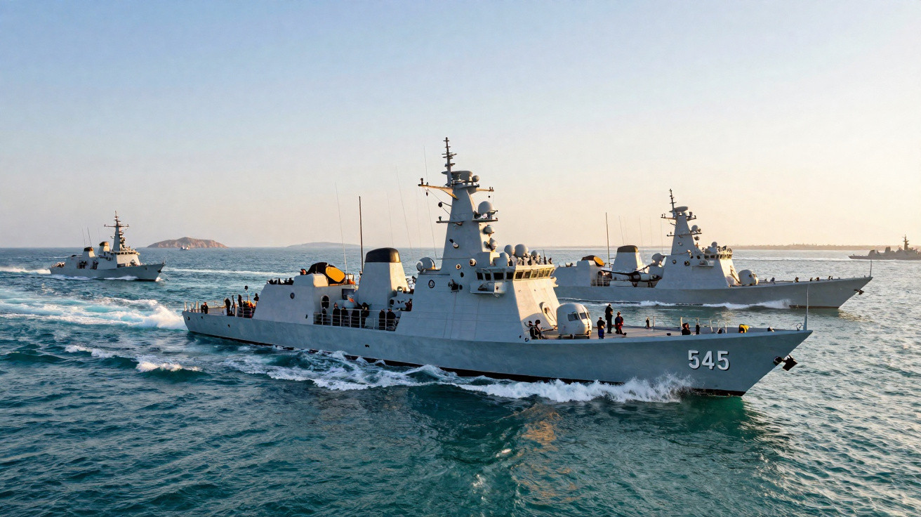 Three grey naval warships sailing in formation on calm sea under clear sky at sunset