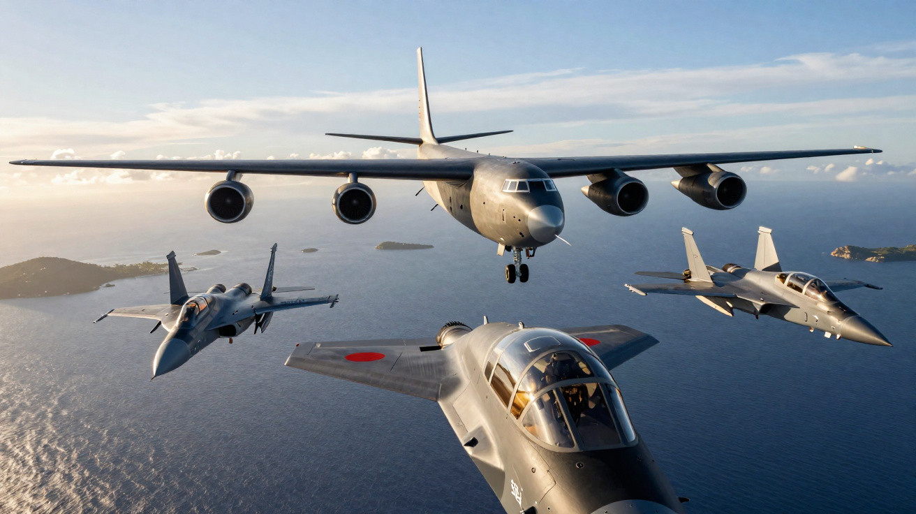 Four military aircraft flying over the ocean with islands in the background during daylight.