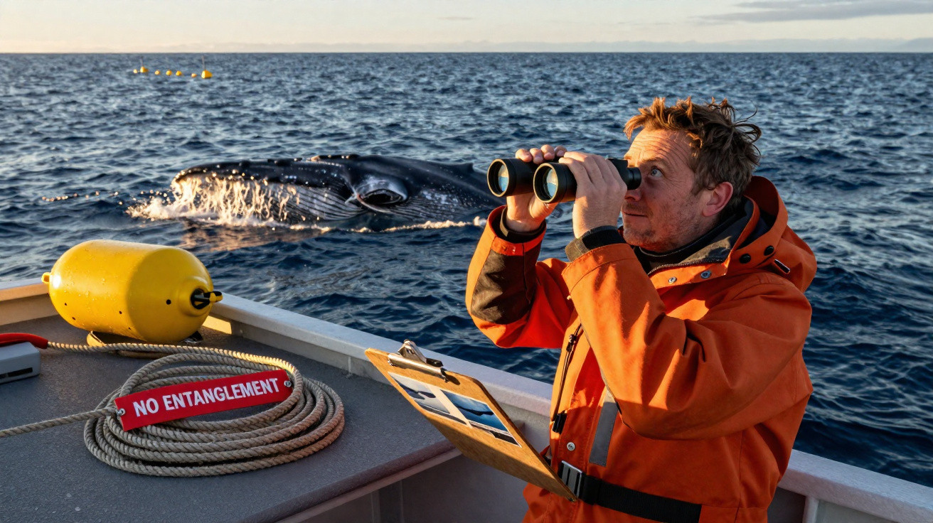 Man in orange jacket using binoculars on boat near surfacing whale with "No Entanglement" sign and buoy nearby.