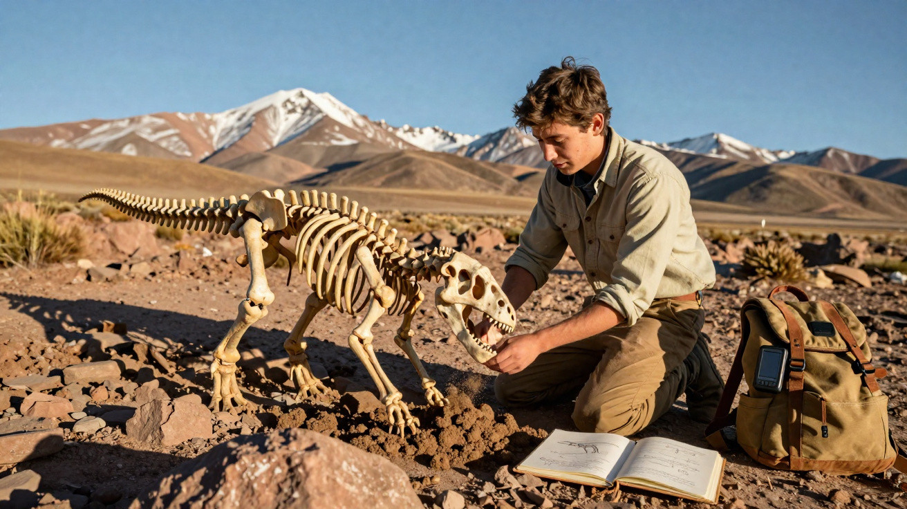 Young man examining a dinosaur skeleton model outdoors with mountains in the background and field notes nearby.