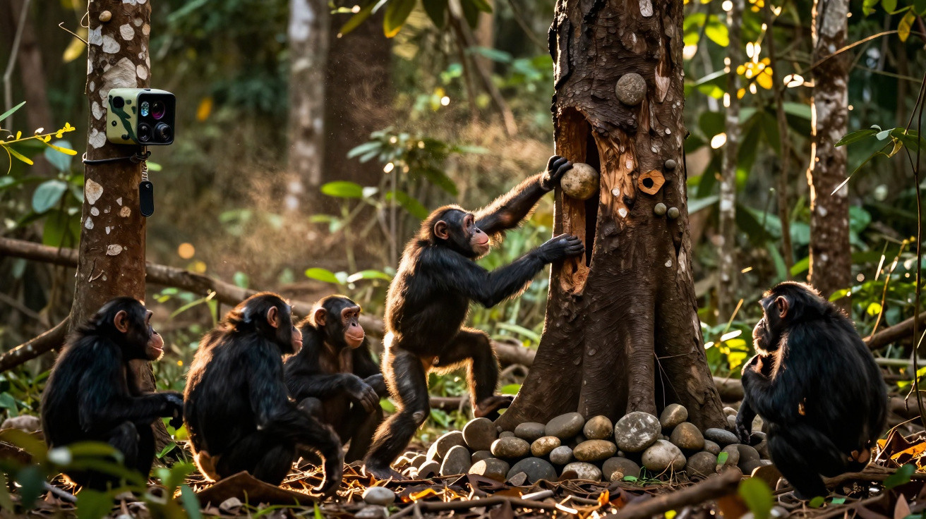 A group of young chimpanzees interacting with stones around a tree in a forest, near a wildlife camera.