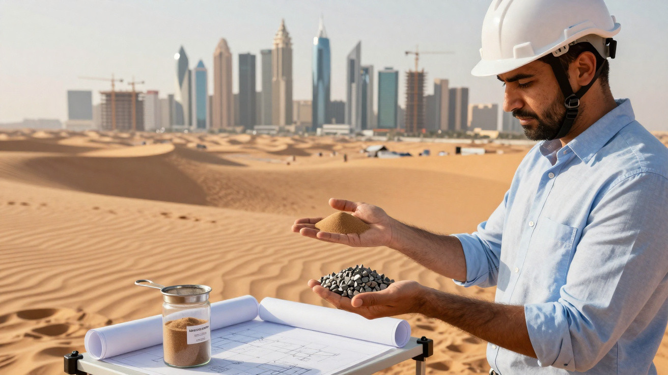 Engineer in a hard hat holding sand and gravel next to blueprints in a desert with city skyline in the background.