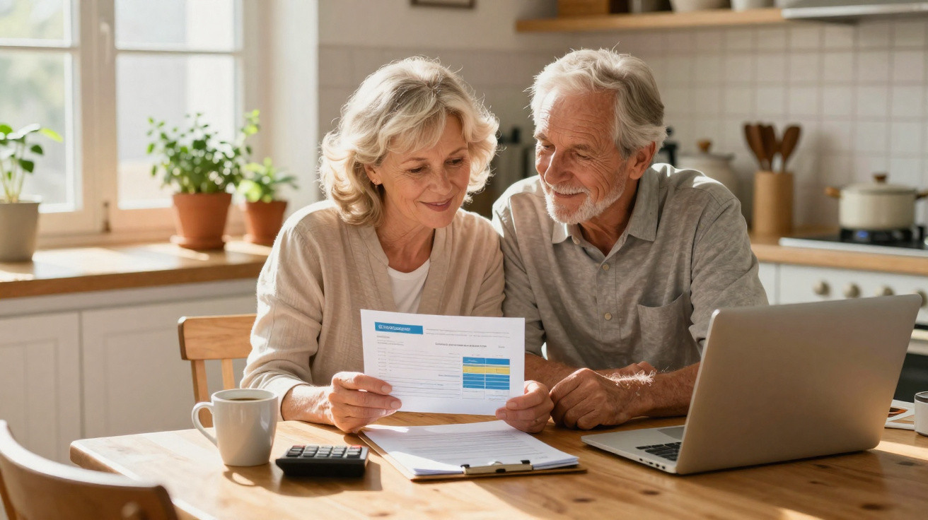 Elderly couple reviewing documents together at a kitchen table with a laptop, calculator, and coffee mug.