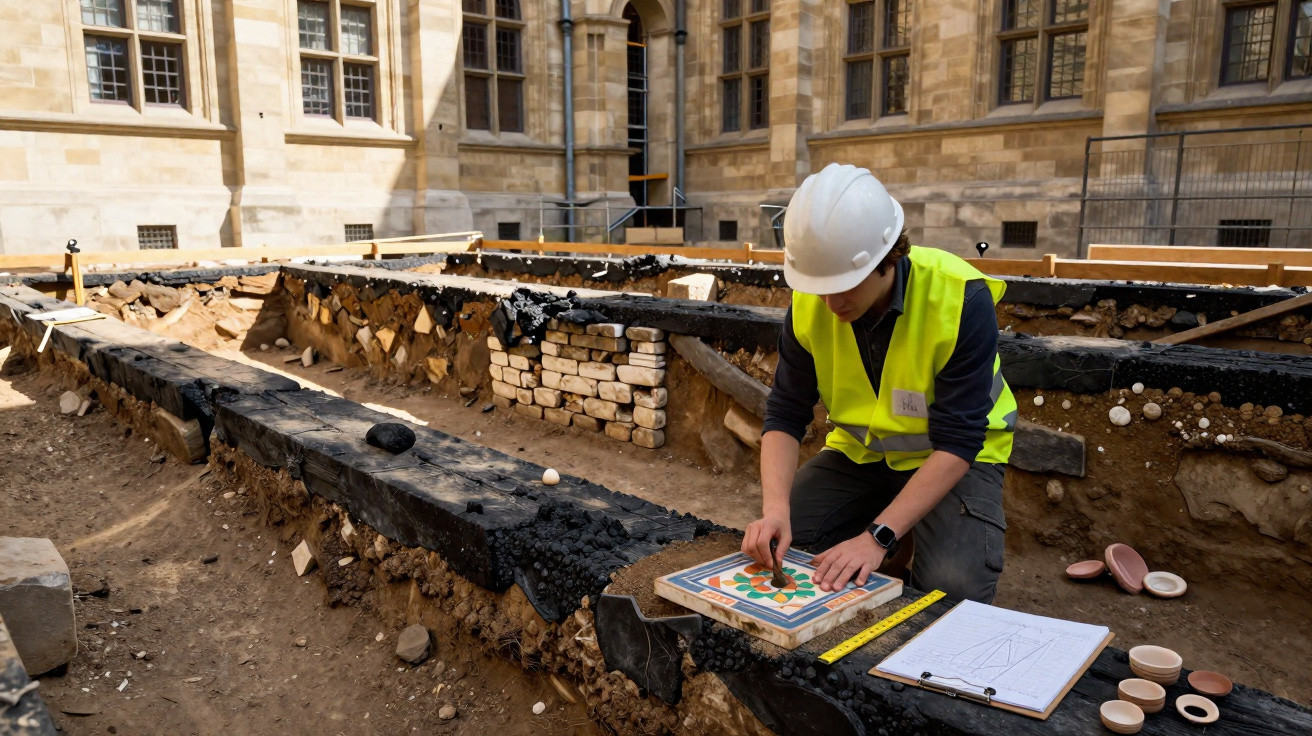 Archaeologist in a hard hat and high-visibility vest examining ancient colourful tiles at an excavation site.