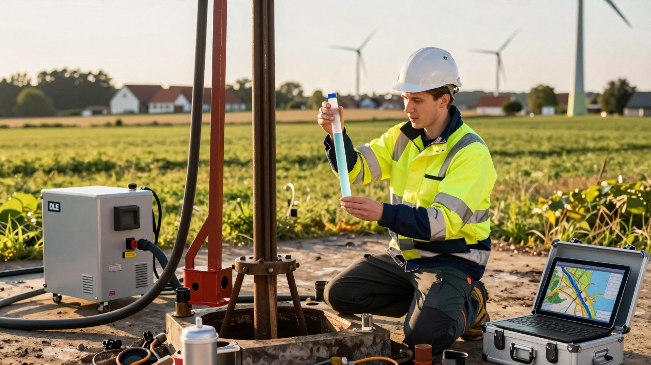 Engineer in high-visibility jacket and helmet testing a water sample at a field site with wind turbines nearby