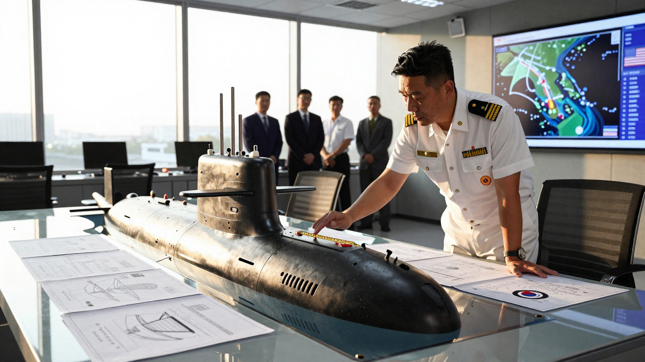 Naval officer in white uniform examining submarine model with plans in modern conference room and four men watching.