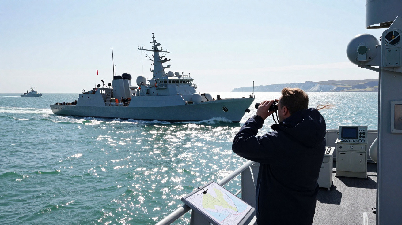 Person in dark jacket using binoculars on a ship observing a naval vessel sailing on a sunlit sea.