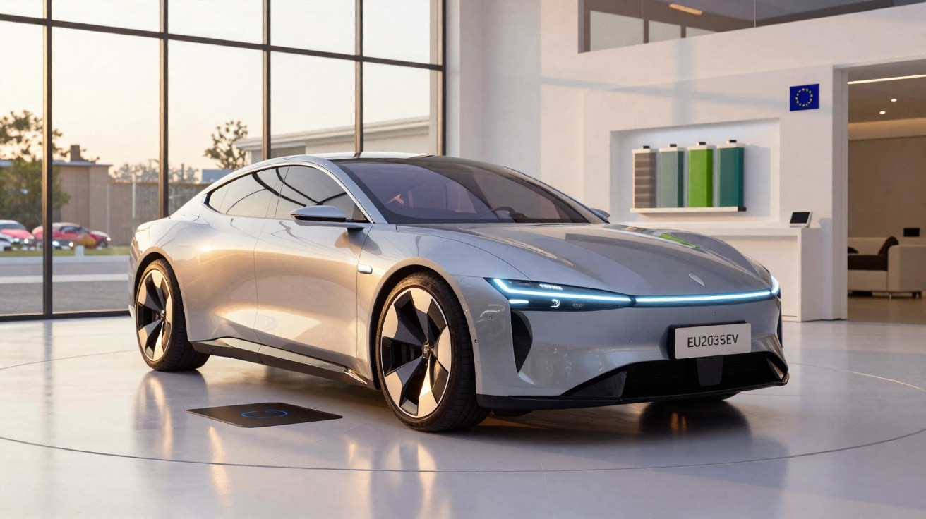 Silver electric sports car with sleek design displayed in modern showroom with large windows and eco-friendly decor.