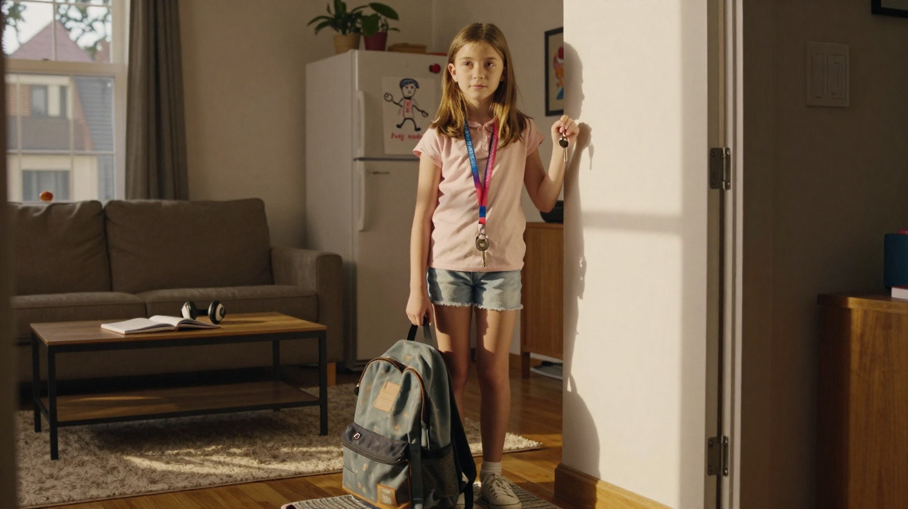 Young girl in casual clothes holding a backpack and keys, standing in a sunlit living room doorway.