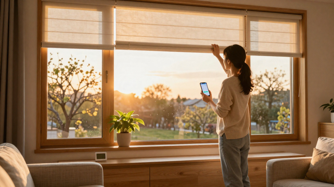 Woman adjusting window blind while holding a smartphone in a sunlit living room at sunset.