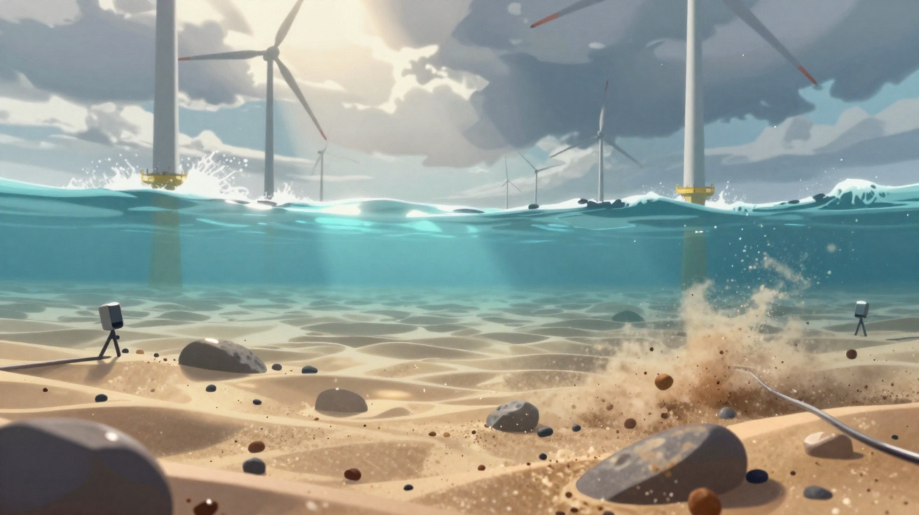 Underwater view of sandy seabed with rocks and sensors, wind turbines above water under cloudy sky.