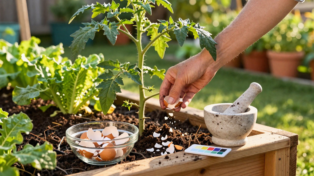 Hand sprinkling crushed eggshells around a tomato plant in a raised garden bed with a mortar and pestle nearby.
