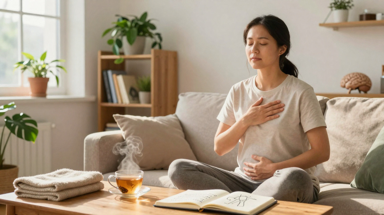 Woman sitting cross-legged on a sofa practising mindfulness with hand on chest and stomach near tea and notebook.