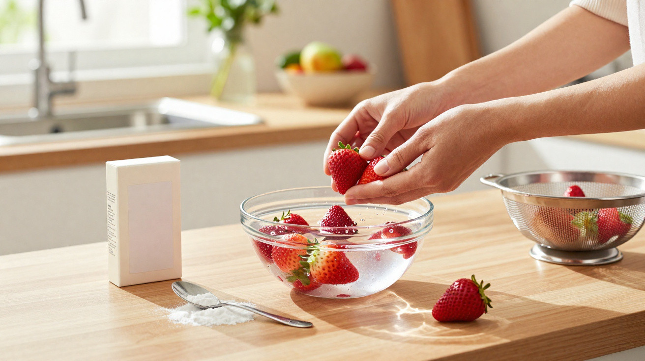 Hands washing strawberries in a glass bowl filled with water on a wooden kitchen counter.