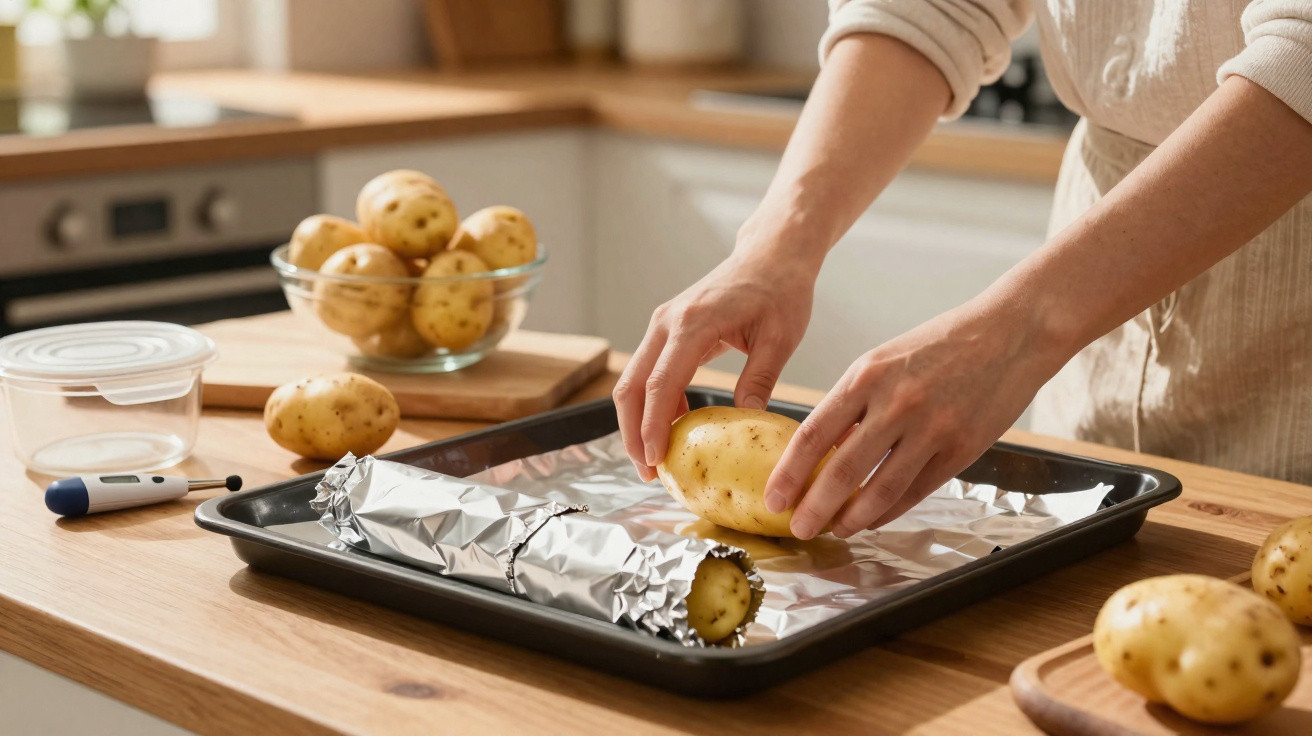 Person placing a potato on a baking tray lined with foil, with more potatoes on the kitchen counter.