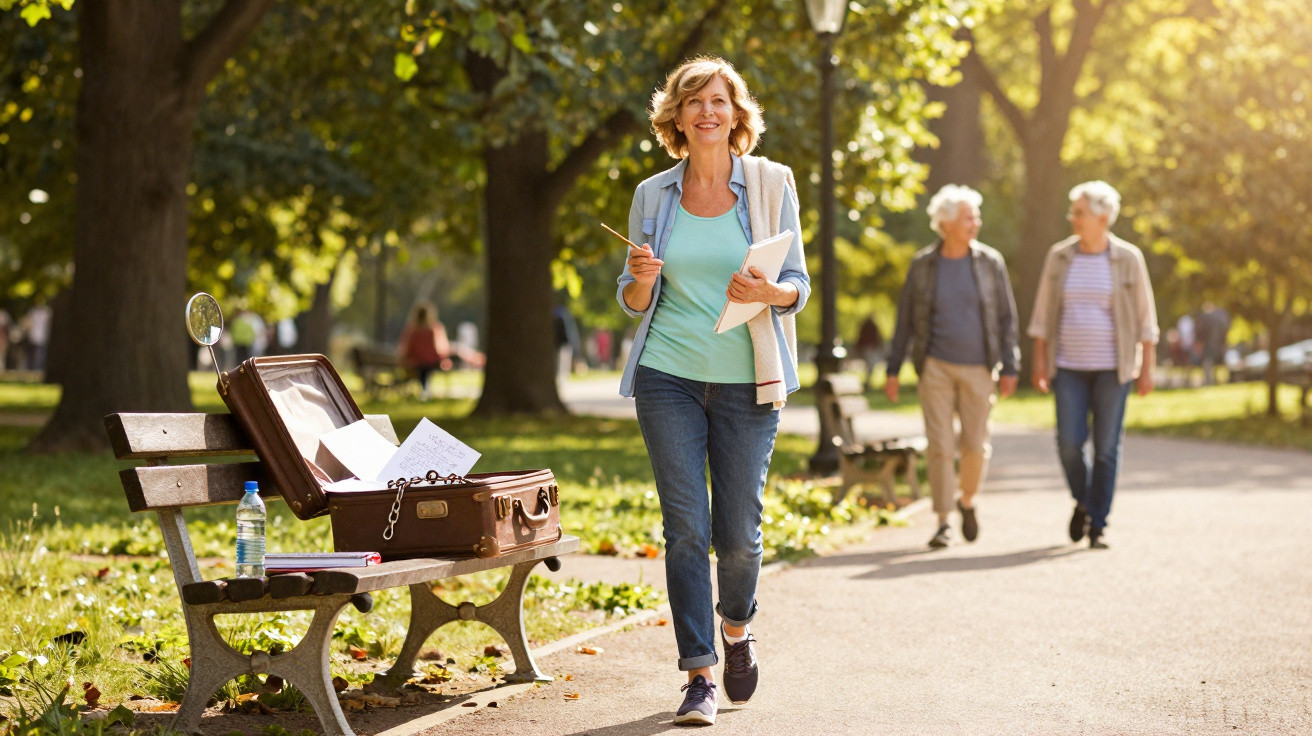 Woman walking in a sunny park holding sketchbook with open suitcase on bench beside her.