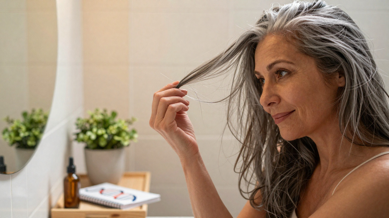 Middle-aged woman with long grey hair examining strands in front of bathroom mirror with plants and toiletries visible