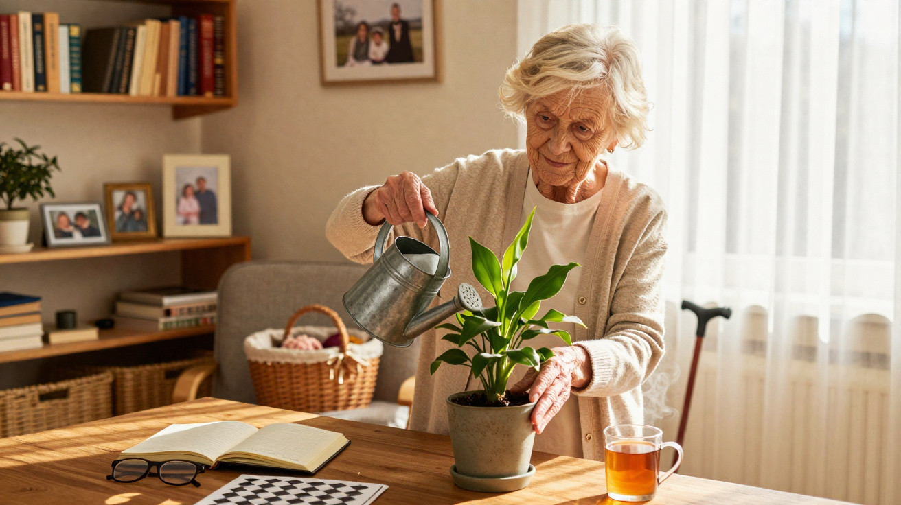 Elderly woman watering a green potted plant on a wooden table in a bright living room.