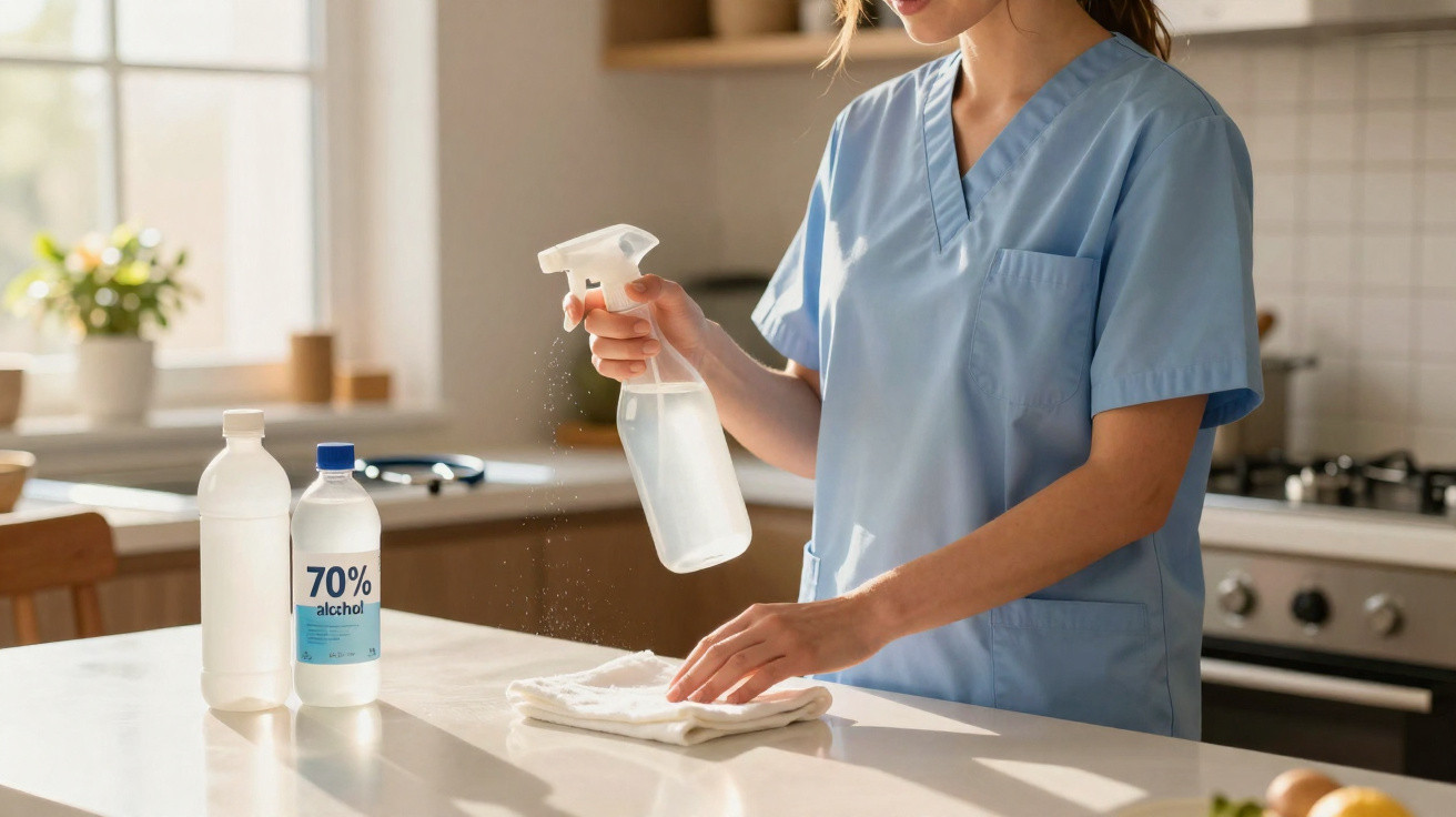 Person in blue scrubs spraying disinfectant on a kitchen surface with bottles of cleaning fluid nearby