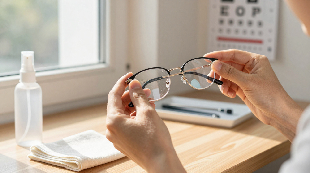 Person holding prescription eyeglasses near a window with cleaning cloth and spray bottle on a wooden table.