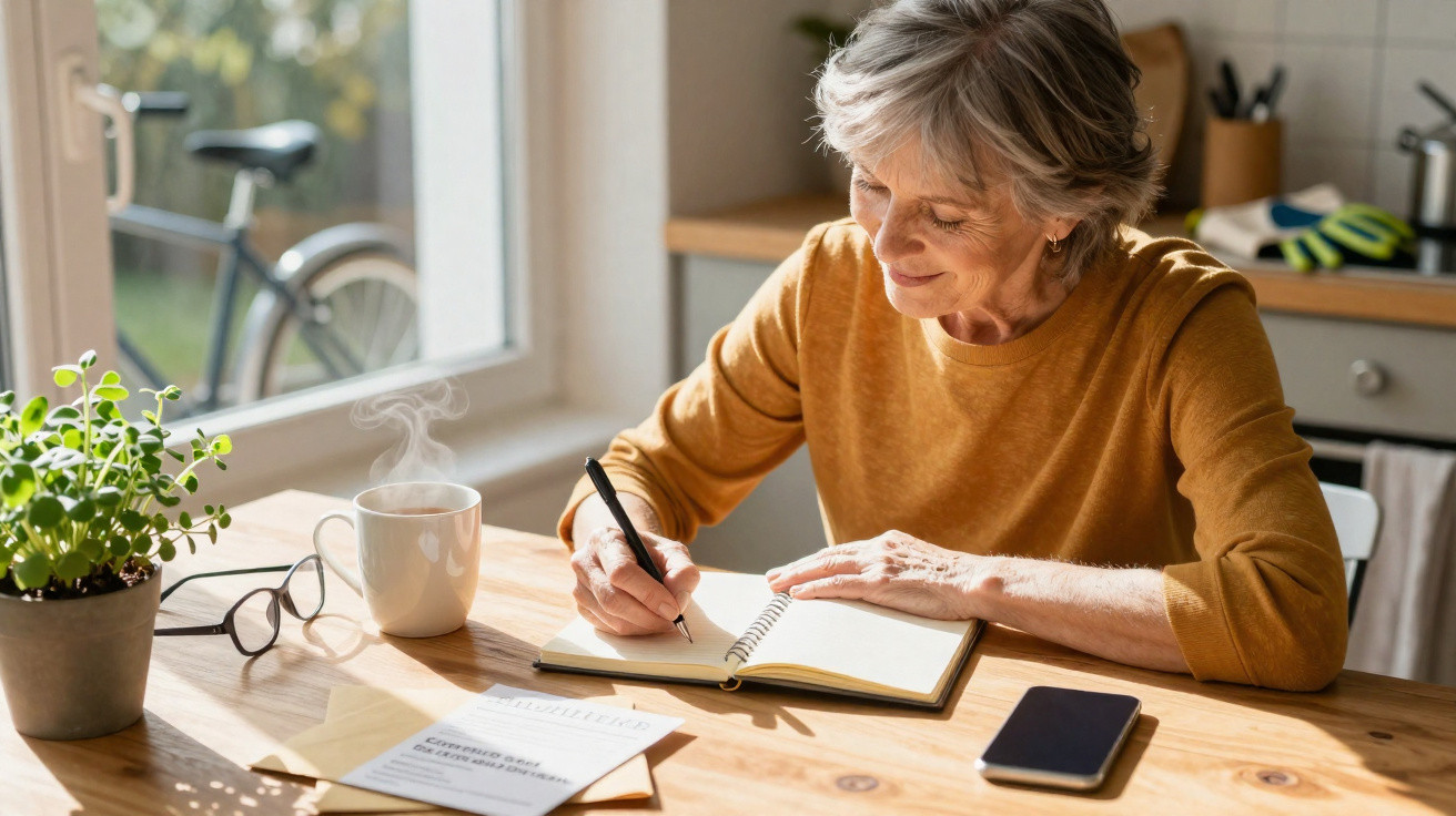 Older woman writing in notebook at wooden table with coffee, phone, glasses, and plant by window.