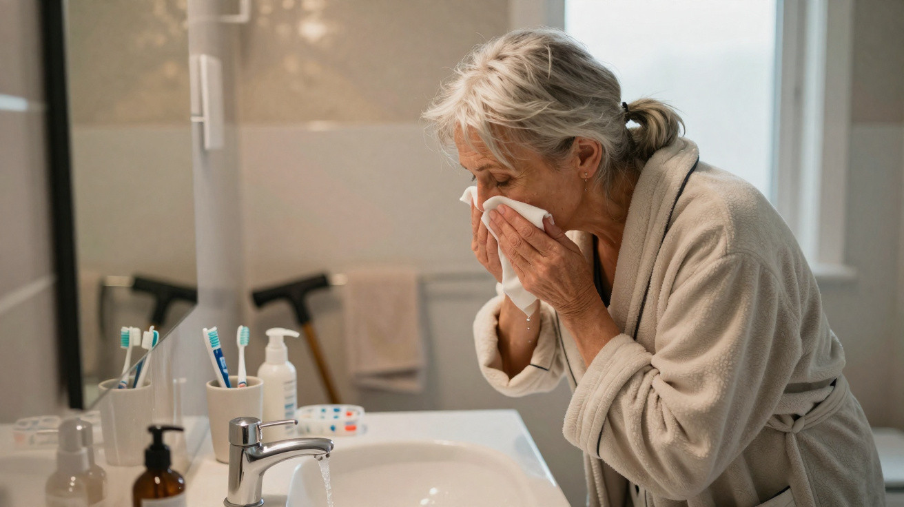 Older woman in a bathrobe wiping her nose with a tissue in a bathroom next to a sink and toothbrushes.