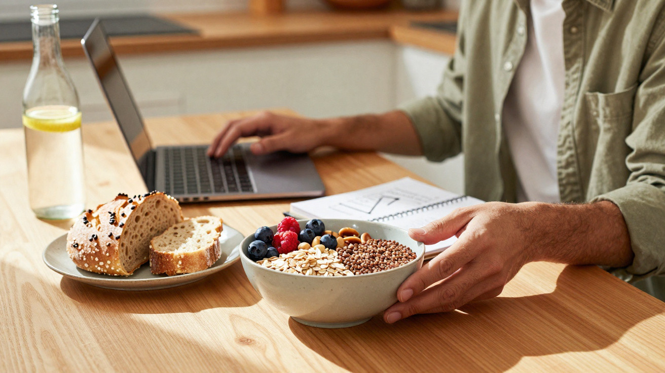 Person working on a laptop at a wooden table with a bowl of granola, fruit, bread, and a bottle of water with lemon.