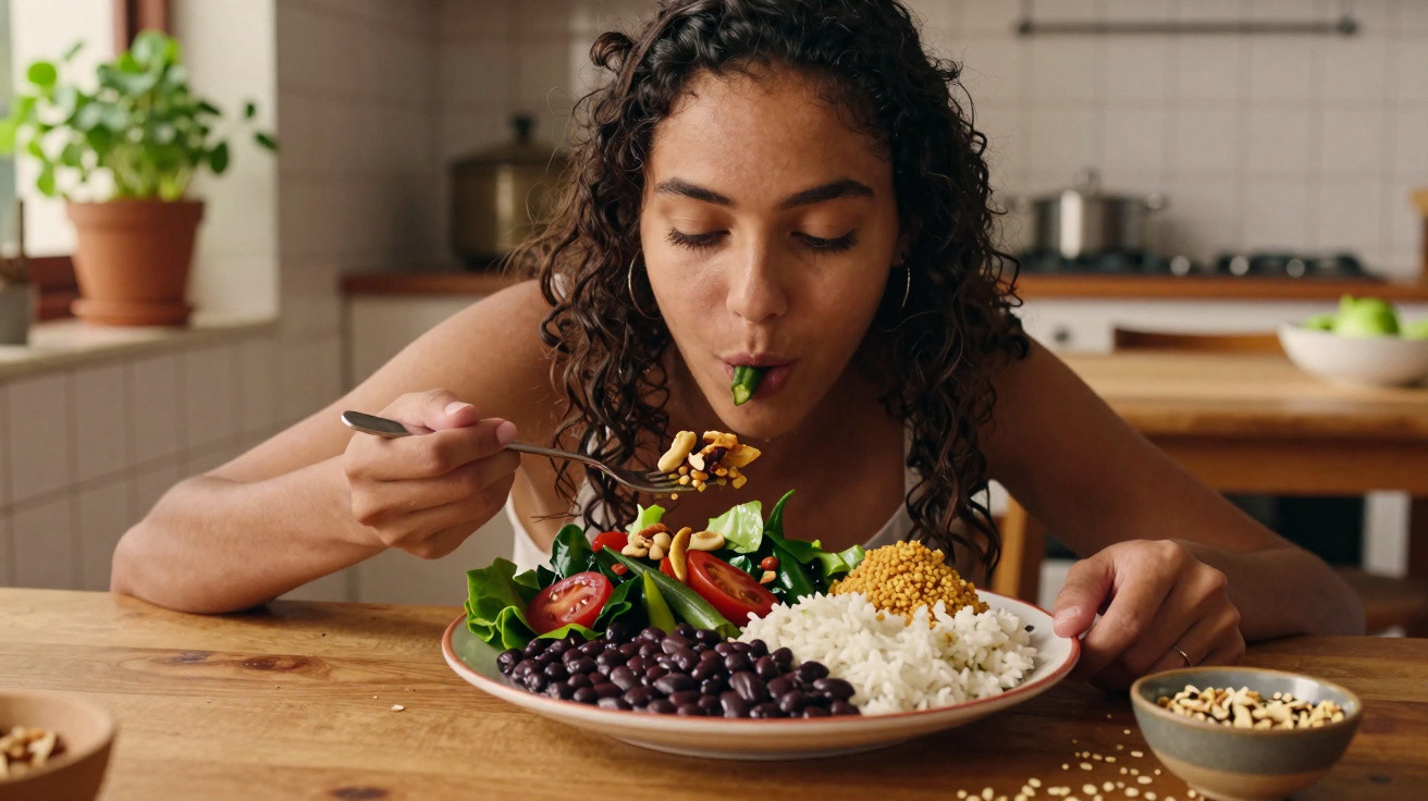 Woman eating a healthy meal of rice, black beans, salad, and nuts at a wooden kitchen table