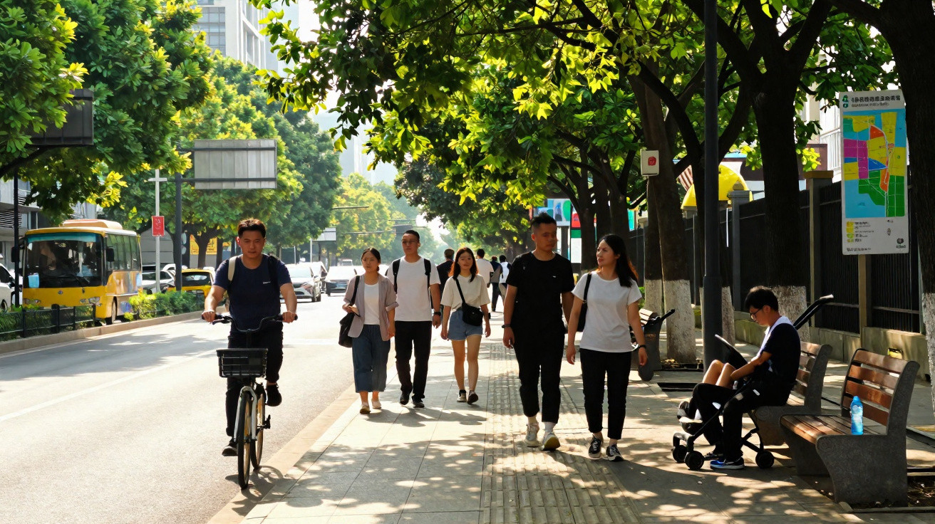 People walking and cycling along a tree-lined urban street on a sunny day with a bus in the background