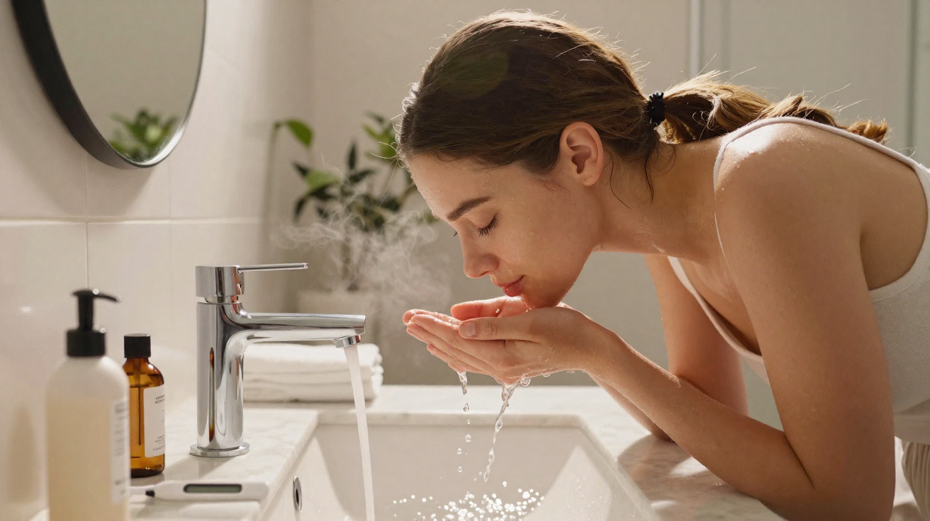 Young woman washing her face with water over a modern bathroom sink with natural light.