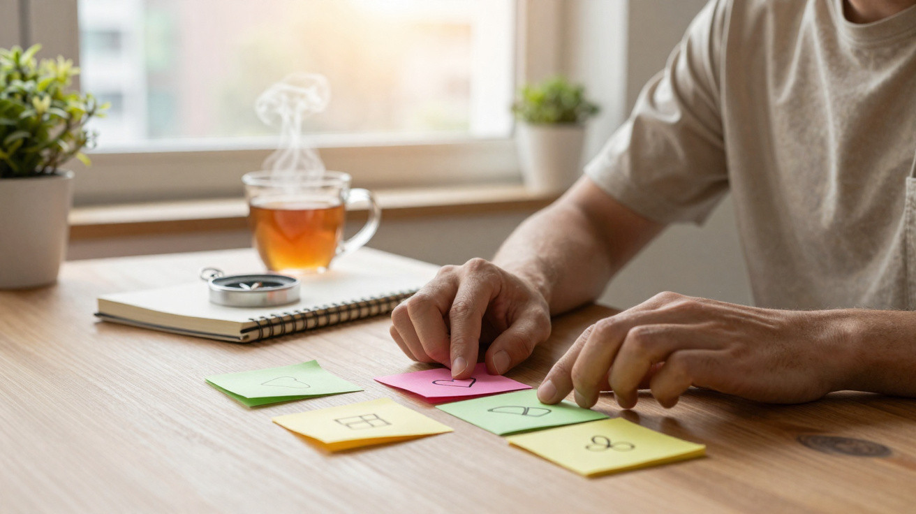 Person arranging colourful sticky notes with simple sketches on a wooden table near a steaming cup of tea.