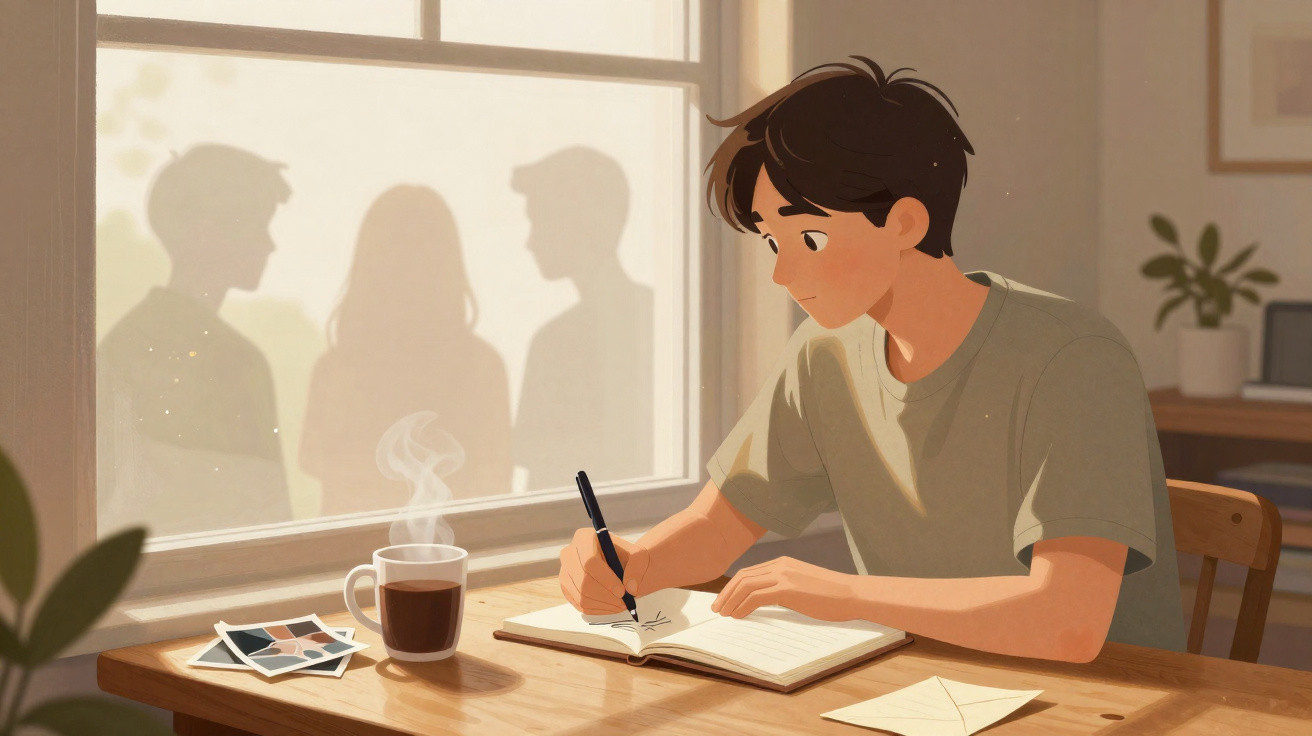 Young man writing in a notebook at a table with a steaming cup of coffee and photos beside him.