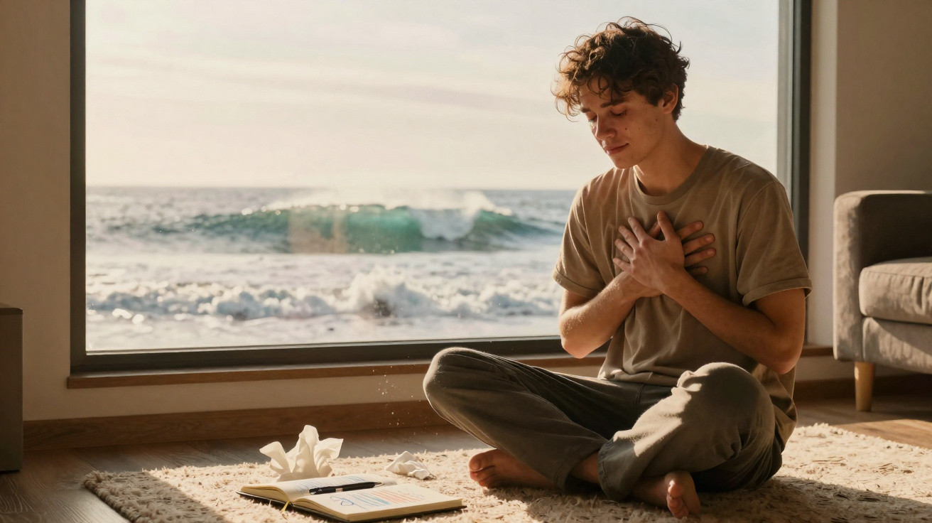 Young man sitting cross-legged on a rug, holding chest, with ocean waves visible through large window.