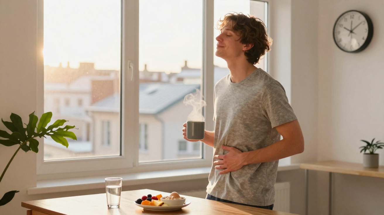 Young man in grey t-shirt enjoying the aroma of a hot drink by a breakfast table near a window at sunrise.