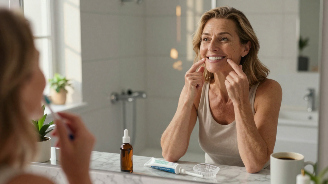 Middle-aged woman smiling and pointing at her teeth in a bathroom mirror with dental care items on the counter.
