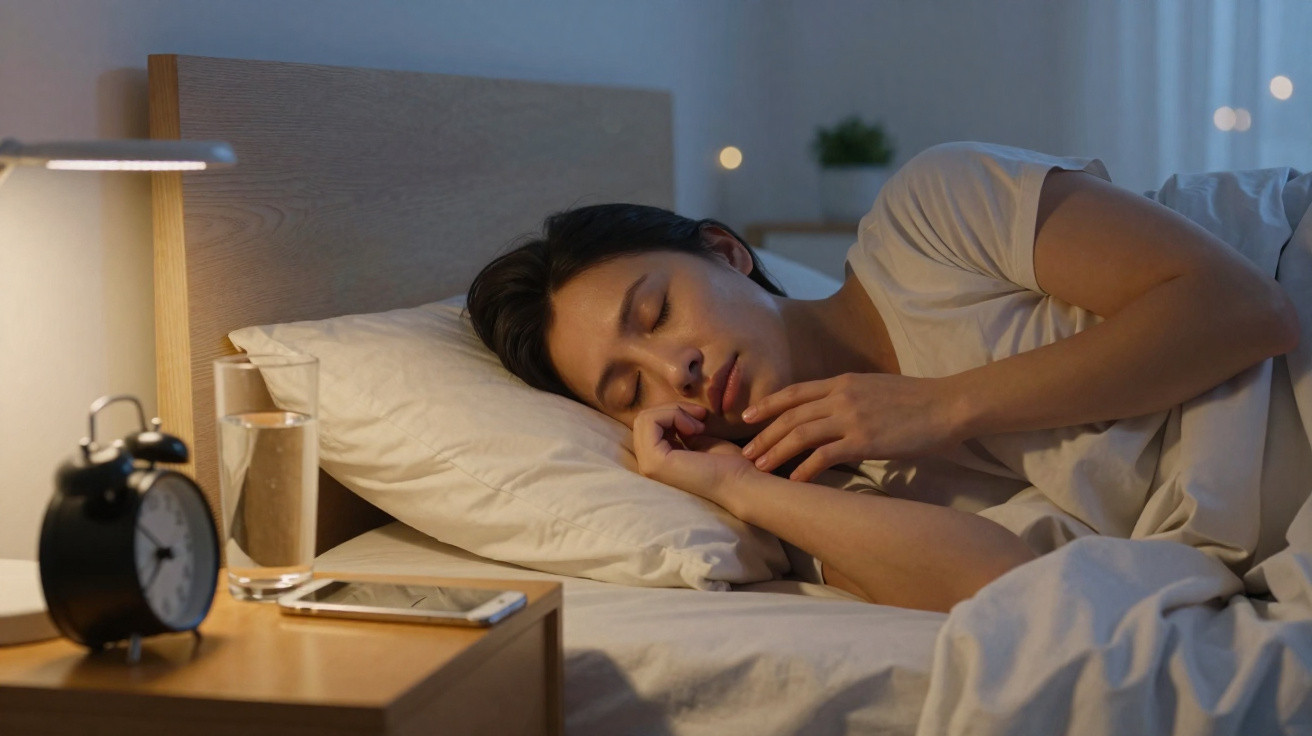 Woman sleeping peacefully on her side in bed at night with a bedside lamp, alarm clock, phone, and glass of water nearby.