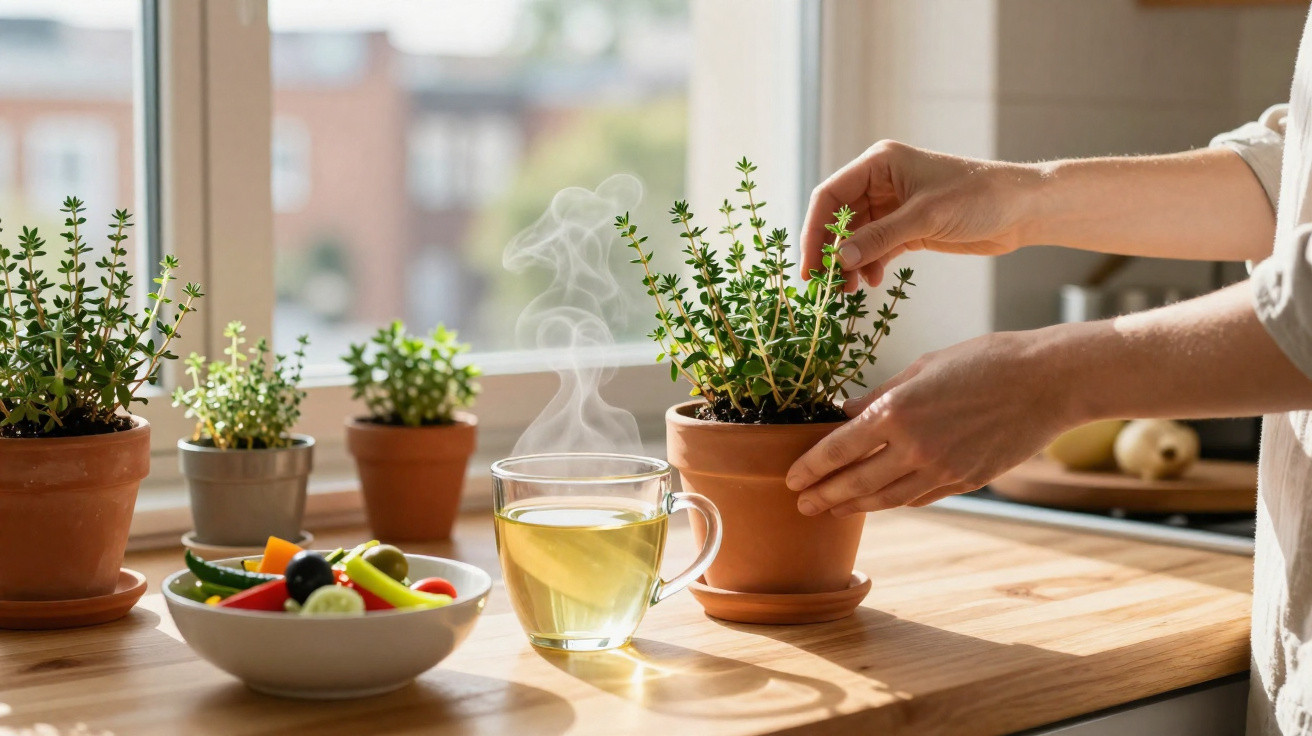 Person tending to a potted herb on a sunny kitchen windowsill with steaming tea and a bowl of vegetables nearby.