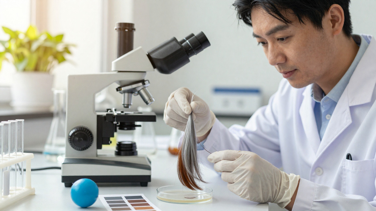 Scientist in a lab coat examining hair samples over a petri dish next to a microscope and colour swatches.