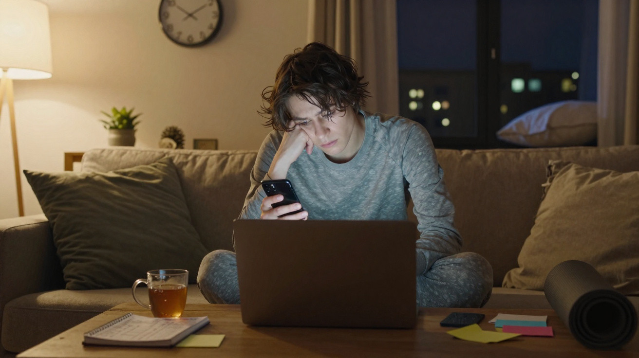 Young person sitting on sofa at night using laptop and phone, looking tired or stressed.
