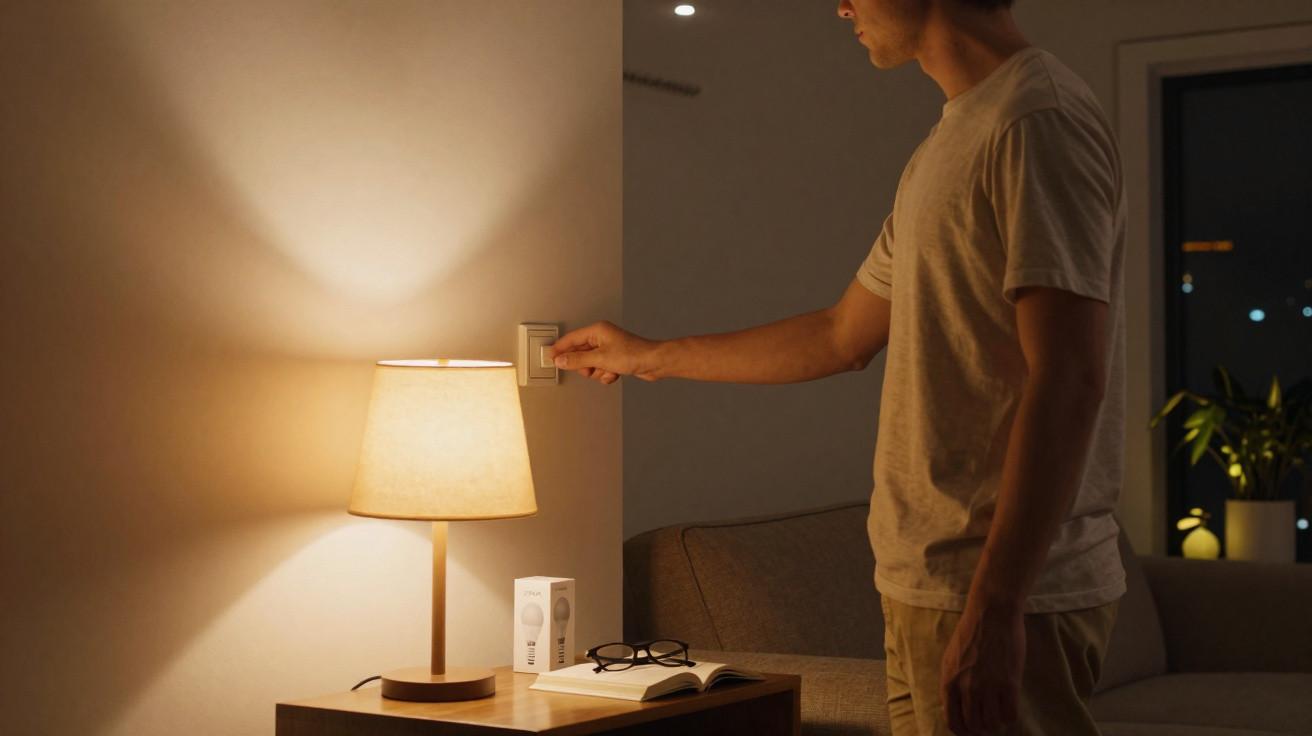 Person switching off a bedside lamp in a dimly lit living room at night.
