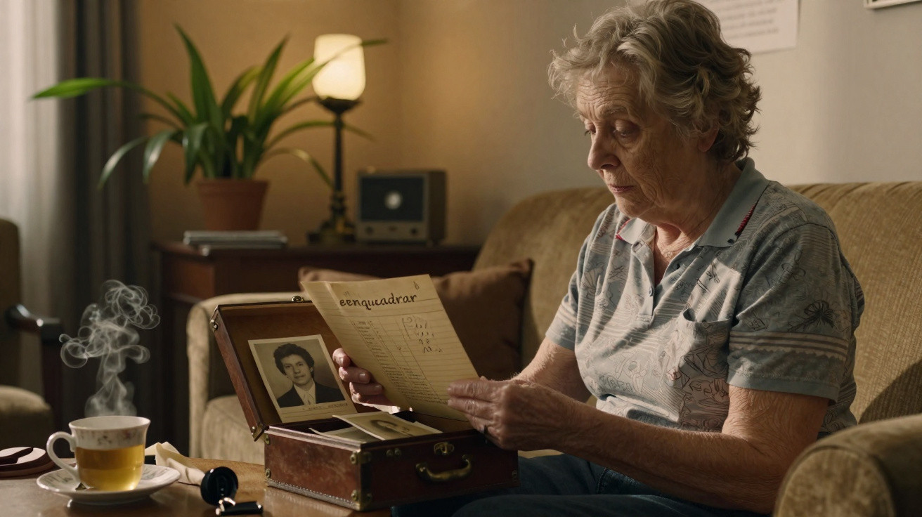 Elderly woman sitting on a sofa, reading a handwritten letter from a vintage box with a black-and-white photo inside.