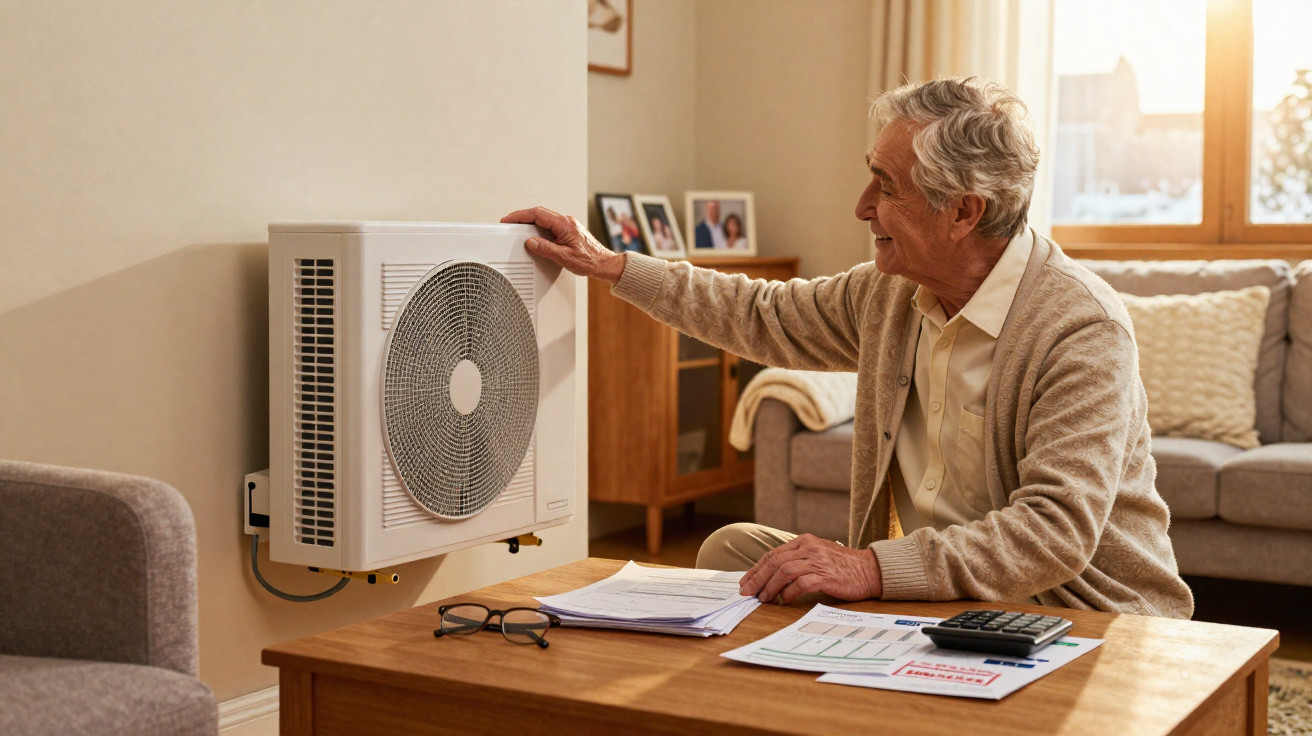 Elderly man adjusting a wall-mounted air conditioning unit in a cosy living room.