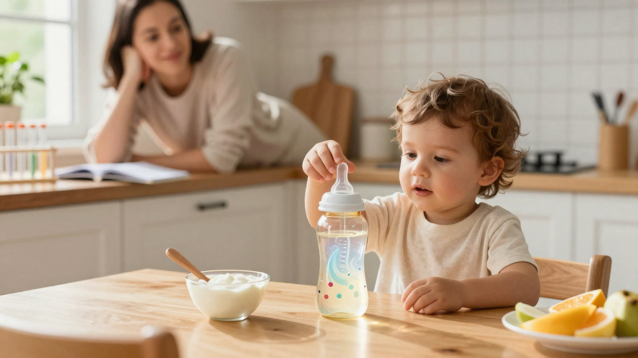 Toddler sitting at kitchen table holding a baby bottle while a woman watches from the counter.