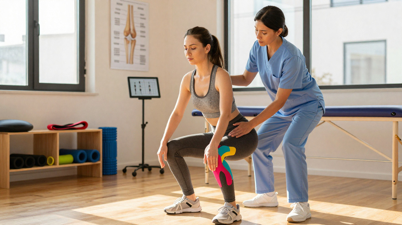 Physiotherapist guides woman with coloured kinesiology tape on knee performing a squat exercise in clinic.